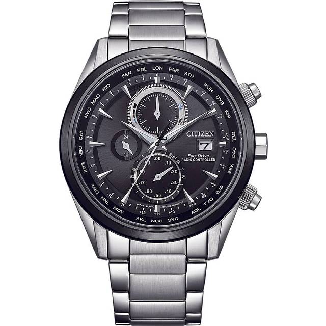 Citizen Eco-Drive Perpetual Calendar Chronograph Stainless Steel Black Dial AT8266-89E 100M Men's Watch black