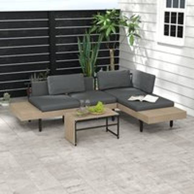 Outsunny HDPE Garden Furniture Sets with Cushions, Table, L-Shaped Sofa, Grey, Grey