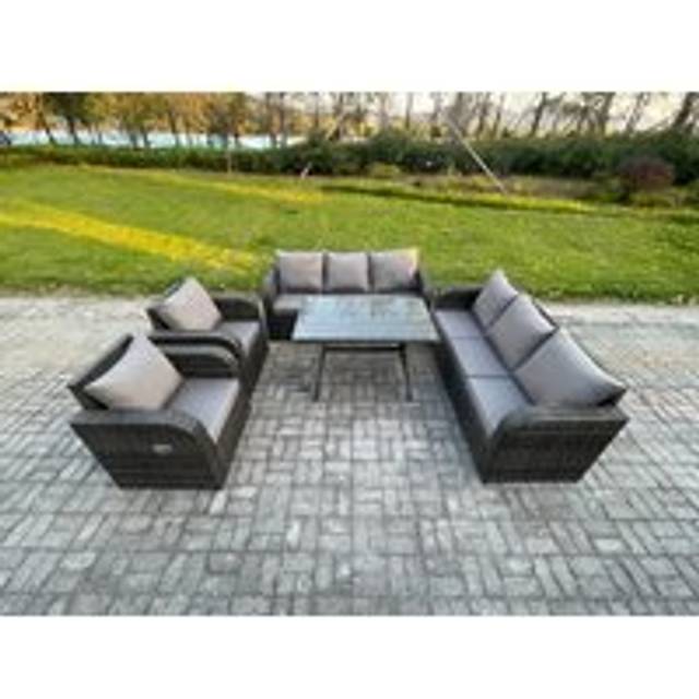 8 Seater Rattan Outdoor Garden Furniture Sofa Set Patio Table & Chairs Set with 3 Seater Sofa Rectangular Dining Table Dark Grey Mixed - Fimous