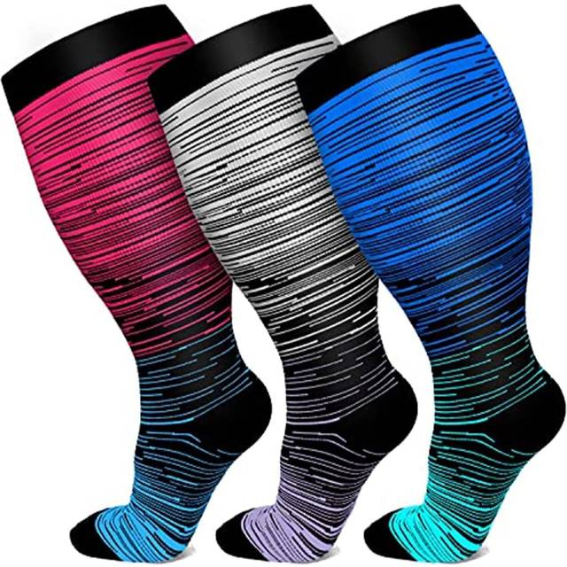 Plus Size Compression Socks for Women Men Wide Calf 20-30 mmHg Extra Large for Circulation Support Recovery/3X-Large-Wine Red/Gray/Blue (3 Pack)