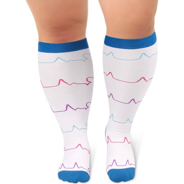 Plus Size Compression Socks for Women Men Wide Calf 20-30 mmHg Extra Large for Circulation Support Recovery-White EKG (1 Pack)/XX-Large