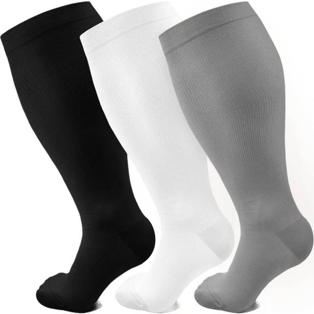 Plus Size Compression Socks for Women Men Wide Calf 20-30 mmHg Extra Large for Circulation Support Recovery/XX-Large-black/Light Gray/White (3 Pack)