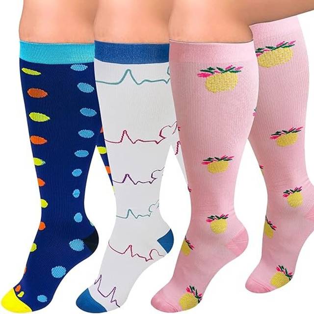 3 Pairs Plus Size Compression Socks for Women and Men Wide Calf 20-30mmhg Extra Large Knee High Support for Circulation-Blue, white, pink