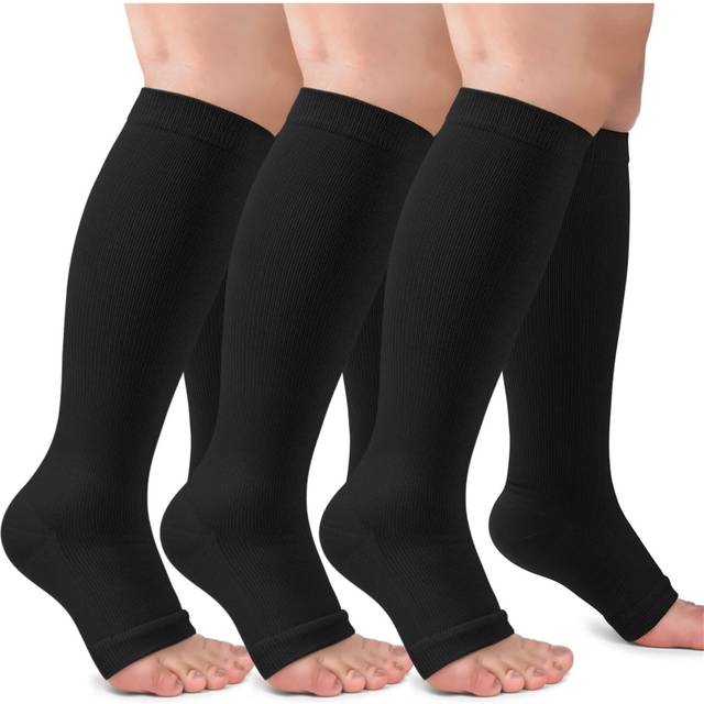 3 Pack Copper Compression Socks for Women & Men, 20-30mmHg Open Toe Knee High Stockings for Circulation Support/Small-Medium-Black
