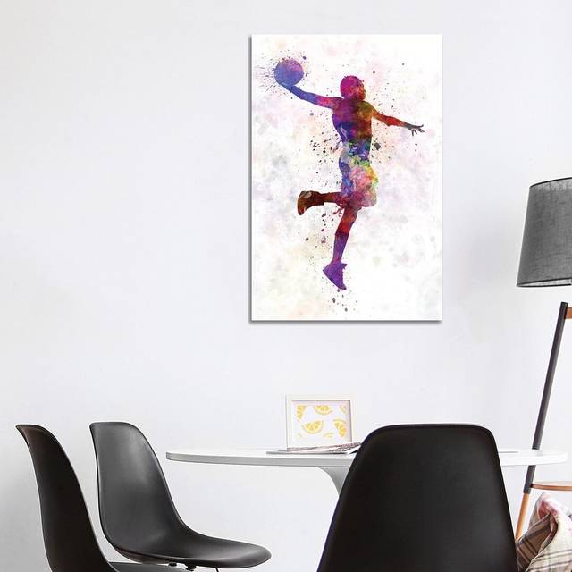Young Man Basketball Player One Hand Slam Dunk by Paul Rommer - Painting Print on Canvas - Wrapped Canvas (101.6 cm H x 66.04 cm W x 3.175 cm D)