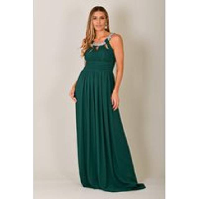 Diamante Neck Chiffon Maxi Dress - Dark Green - 10