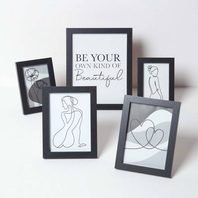 Homescapes Set of 5 Framed Wall Art Prints Grey Line Drawn Pictures - Black