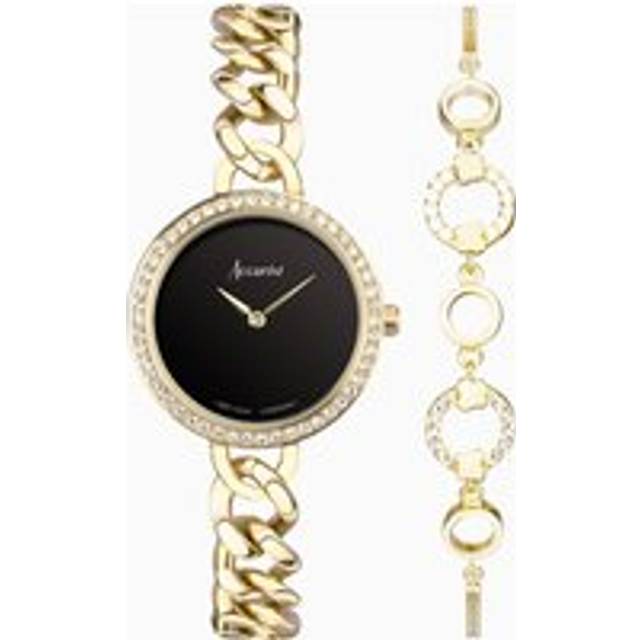 Accurist Accurist X Sarah Alexander Jewellery Ladies Watch Gift Set 28mm | Gold Case & Stainless Steel Bracelet with Black Onyx Dial | Arcadia Zirconia Bracelet