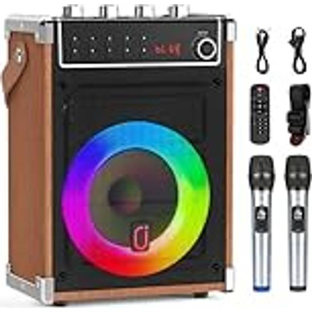 JYX karaokemaskin med 2 UHF trådlösa mikrofoner, bärbar Bluetooth-högtalare med bas/diskantjustering, fjärrkontroll och LED-lampor, stöder TF-kort/USB, AUX-IN, FM, REC