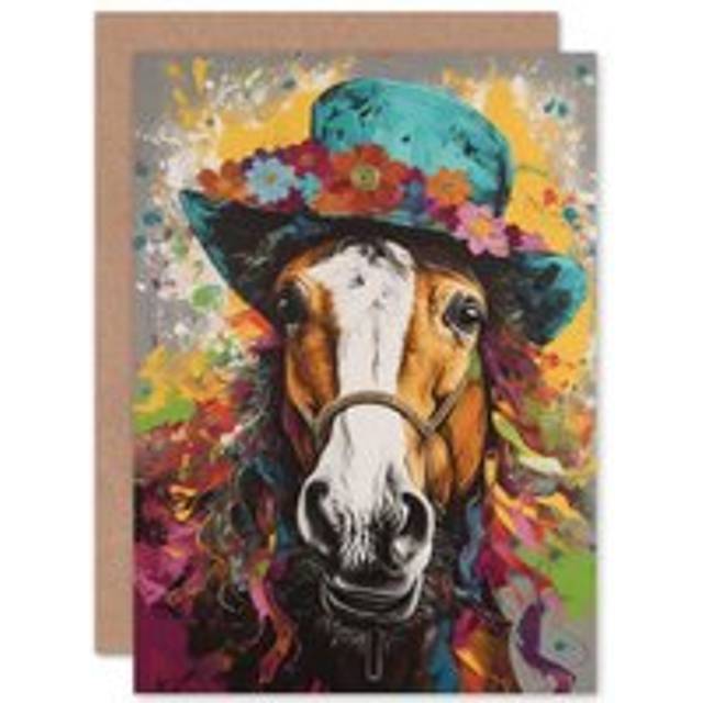Horse Wearing Flower Summer Hat Multicoloured Funny Animals Blank Greeting Card