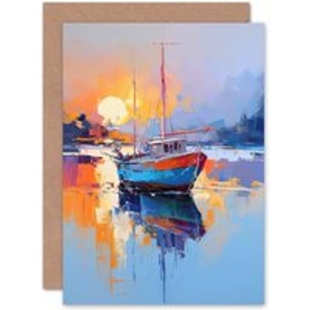 Fishing Boat In Tranquil Lake Painting For Husband Him Dad Blank Greeting Card