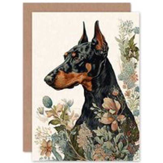 Doberman dog wildflowers boho watercolour art blank greeting card with envelope