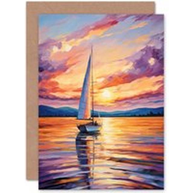 Sunset Sailing Vibrant Sail Boat Seascape Birthday Blank Greeting Card