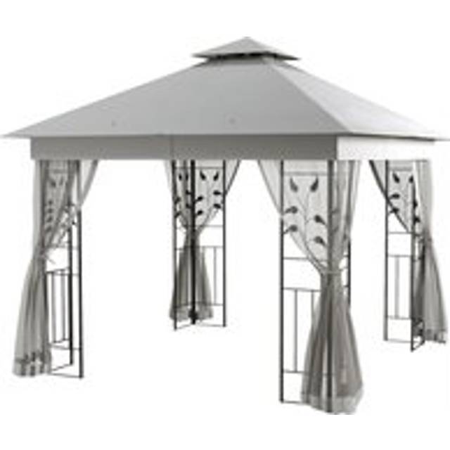 Outsunny 3(m) X 3(m) Double Roof Outdoor Garden Gazebo Canopy Shelter With Netting, Solid Steel Frame, Light Grey