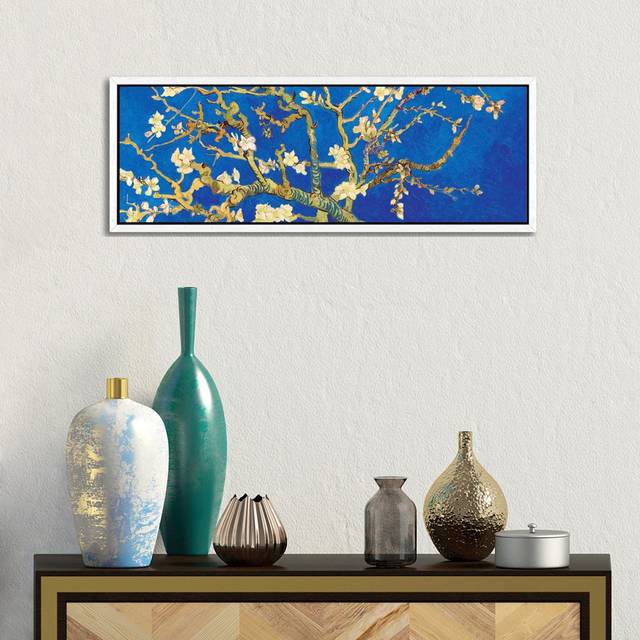 'Almond Blossom on Royal Blue' by Vincent Van Gogh - Floater Frame Panoramic Painting Print on Canvas - White Framed Canvas (30.48 cm H x 91.44 cm W)