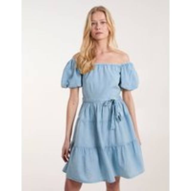 Womens Milkmaid Washed Puff Sleeve Mini Dress - Blue - 12