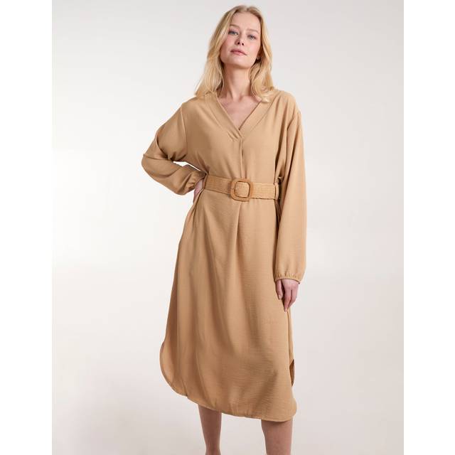 Blue Vanilla Womens V Neck Long Sleeve Dress With Belt - Camel - Size Small/Medium