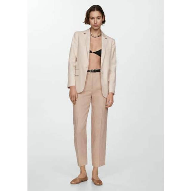 Mango – Beige, smala linnebyxor med elastisk midja-Naturlig