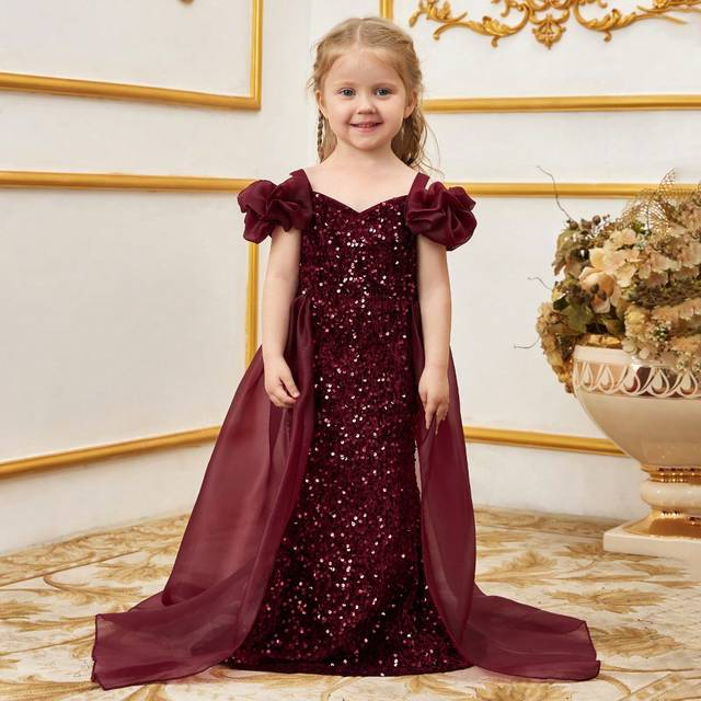 Ung flicka Off Shoulder Organza Split Glitter Mermaid Hem Fest Balklänning - Bourgogne (6Y,7Y,4Y,5Y)