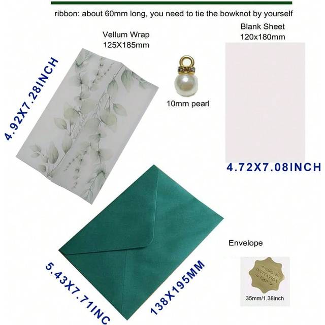 SHEIN 10Set Semi-Transparent Vellum Wedding Invitation Card Set With Blank Sheet And Faux Pearl Rhinestone And Envelope,Christmas