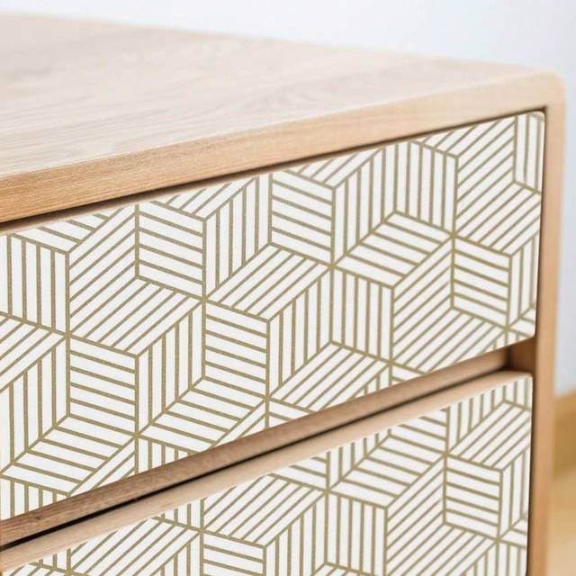 SHEIN 1 Roll Geometric Peel And Stick Wallpaper With Gold And White And Bohemian Hexagon Removable Self Adhesive Wallpaper With Striped Vinyl Paper For Shel