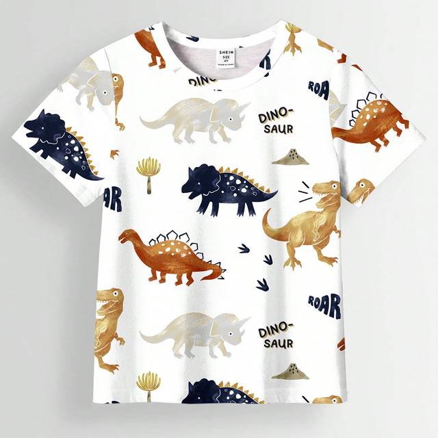 SHEIN Young Boy Casual Minimalist Dinosaur Pattern Short Sleeve Round Neck T-Shirt Suitable For Summer