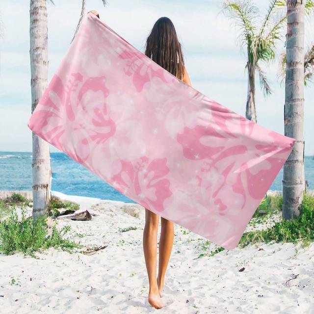 SHEIN 1pc Summer Pink Flower Patterned Beach Towel, Microfiber Beach Towel, Sports Towel, Suitable For Summer, Beach And Swimming Pool, Holiday, For Men, Wo