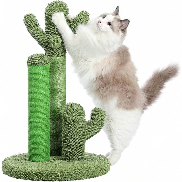 Cactus Cat Scratching Post med naturliga sisal rep Interaktiv Ball Scratching Leksak för katter och kattungar i grönt (L,M)