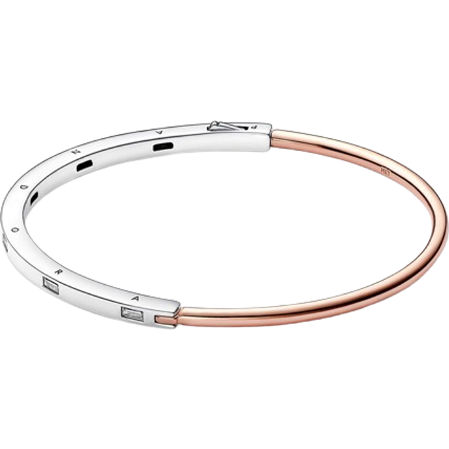 Pandora Signature Two-tone I-D Pavé Bangle - Sterling silver and 14k Rose gold-plated unique metal blend / Cubic zirconia - Sz. 16,00 cm - Clear