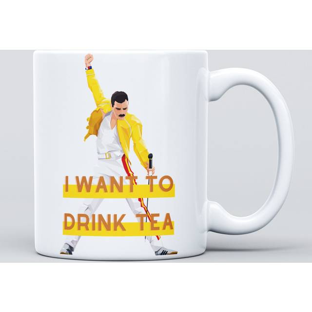 I Want To Drink Tea Freddie Mercury Queen Large Heavy Duty Ceramic Novelty Funny Coffee Mug, Cup For Men & Women, Girls & Boys â Gift For Birthday,  - White (325ml)