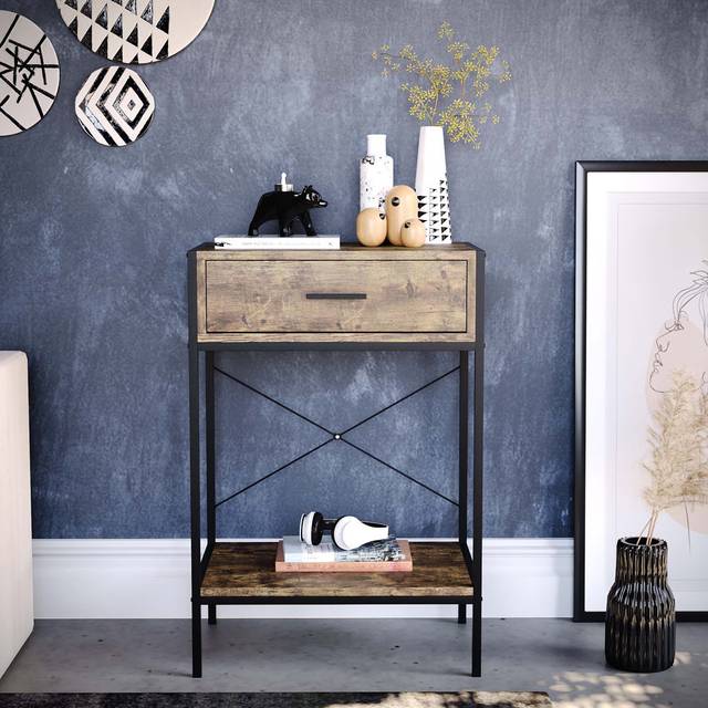Sylvie 1 Drawer Industrial Console Table with Metal Legs Hallway & Living Room Furniture - Dark Wood (74cm H X 50cm W X 34cm D)