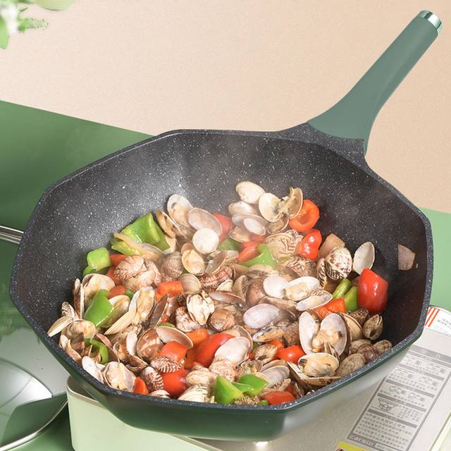 Non-stick Wok Maifan Stone Octagonal Wok Stir Fry Pans With Lid Comfortable Handle Die-cast L dark green