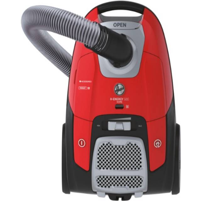 Hoover HE510HM dammsugare med väska, kraftfull, tyst 65 dBA, alla golvborstar och specialparkett, variabel kraft, 4L, 700 W, expanderbart rör, inbyggda tillbehör, tulpanröd