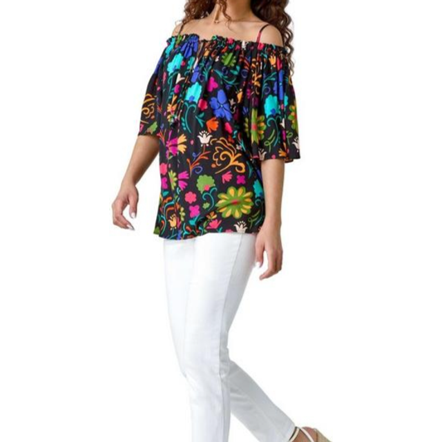 Floral Tie Detail Bardot Top - Black - Size 12 - Roman