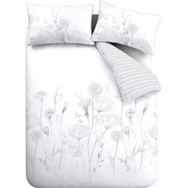 Catherine Lansfield Meadowsweet Floral Duvet Cover Bedding Set White Grey