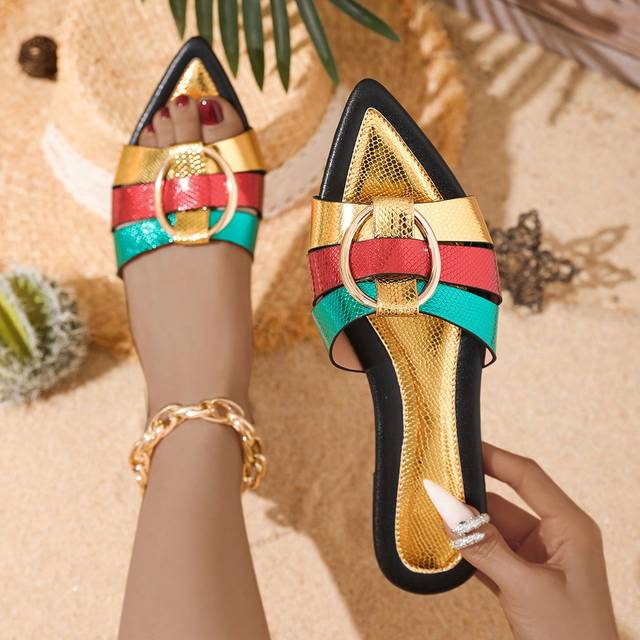 SHEIN Ladies&#39; Flat Sandals 2024 Summer New Fashion With Metal Decoration