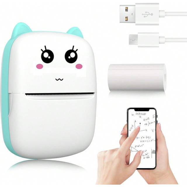 Mini trådlös bärbar skrivare, termisk pappersfickaskrivare med 1 rulle utskriftspapper, för Android- eller IOS-app, bläckfri skrivare, lämplig för hem - Blå
