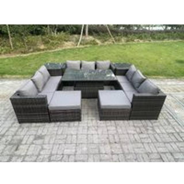 Wicker PE Rattan Garden Furniture Sofa Set Outdoor Adjustable Rising Lifting Dining Table Set 11 Seater - Dark Grey - One Size