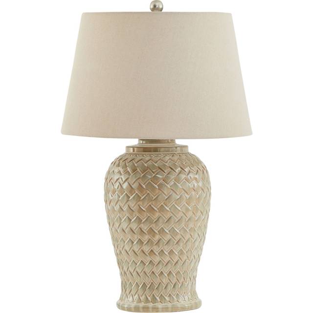 Woven Table Lamp with Linen Shade - Ceramic - L40 x W40 x H74 cm - White