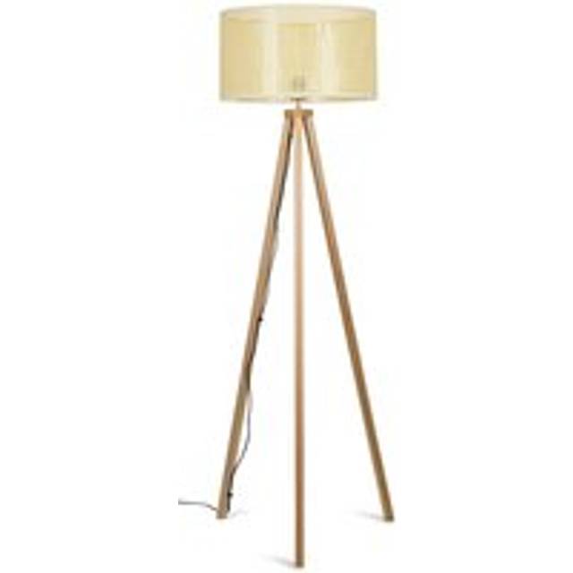 Valuelights - Light Wood Tripod Design Floor Lamp With Cream Woven Rattan Wicker Effect Shade
