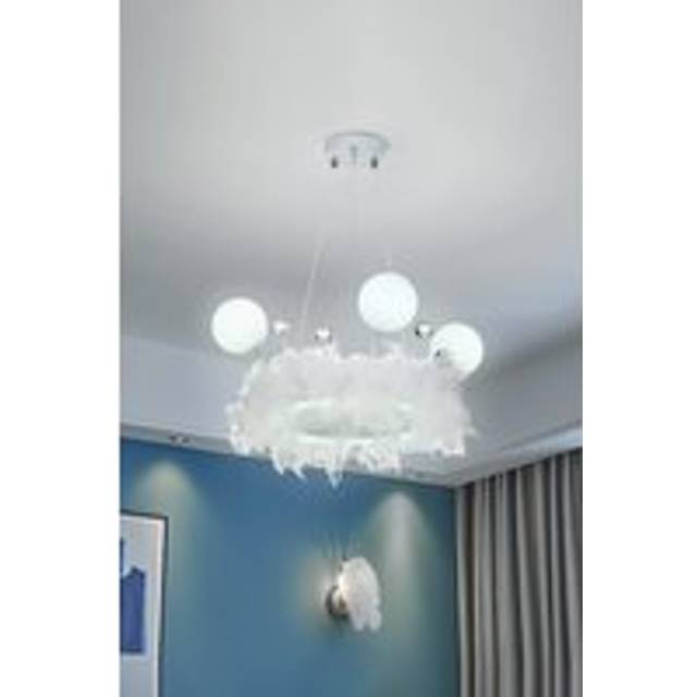 Feather LED Pendant Light with Crystal Balls - White