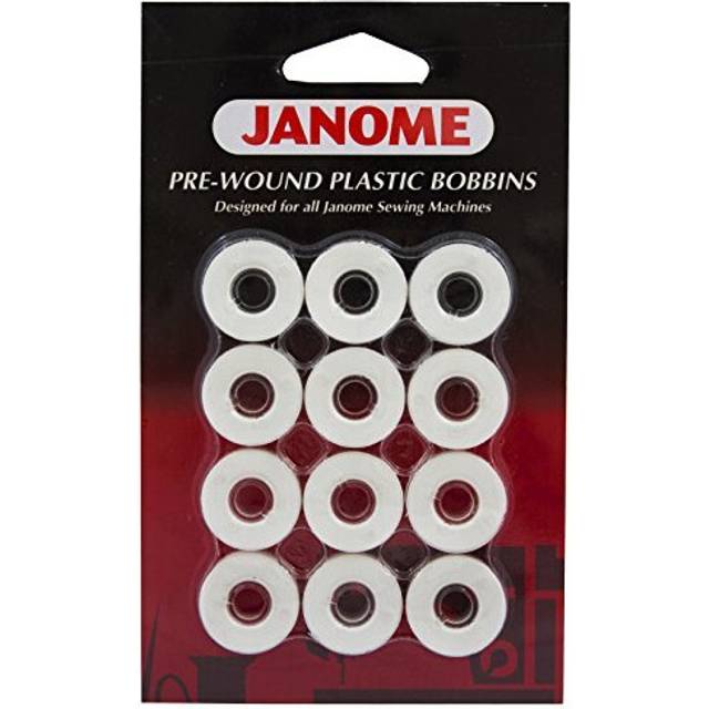 Janome 12 Pack Pre-Wound Plastic Bobbins White Thread