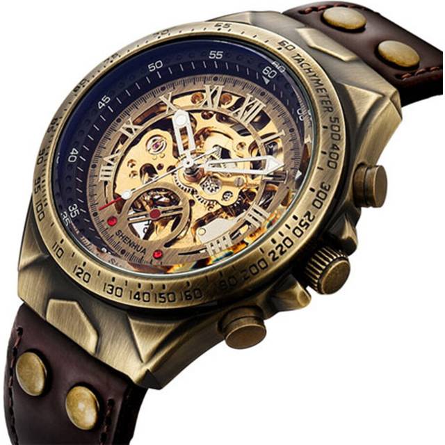 Leather Mechanical Watch Men Automatic Steampunk Watch Mens Skeleton Watches Bronze Transparent Vintage Sport Wristwatch Male