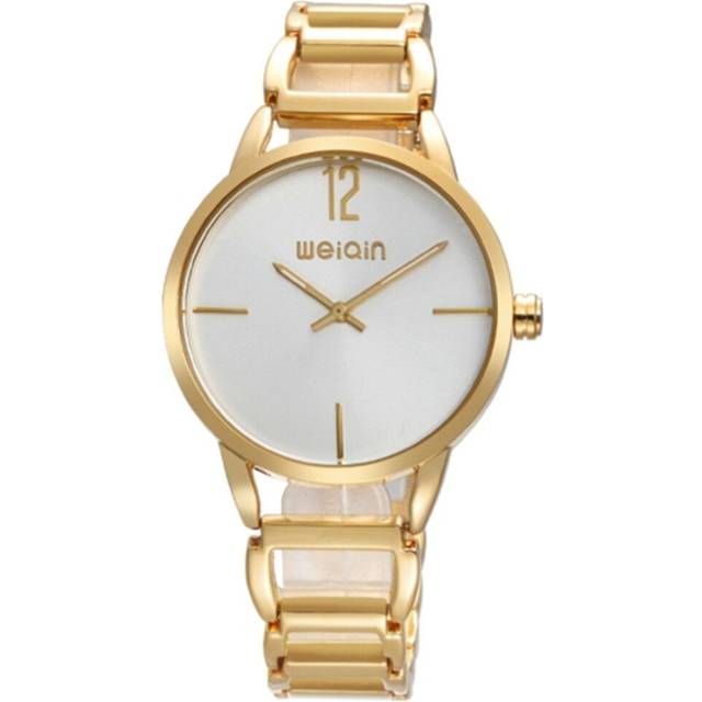 Round Simple Dial Two Pointer Design Women Quartz Watch with Alloy Bracelet Band (Gold + White)