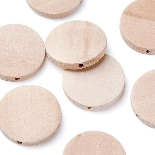 Pandahall 50pcs Natural Unfinished Flat Round Wood Coin Beads Wooden Circle Discs 25x5mm for DIY Jewelry Making