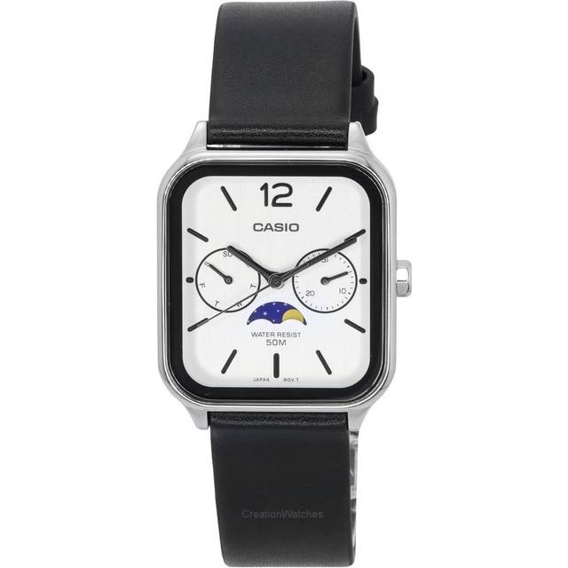 Casio Standard Analog Moon Phase Leather Strap White Dial Quartz MTP-M305L-7A Men&#39;s Watch
