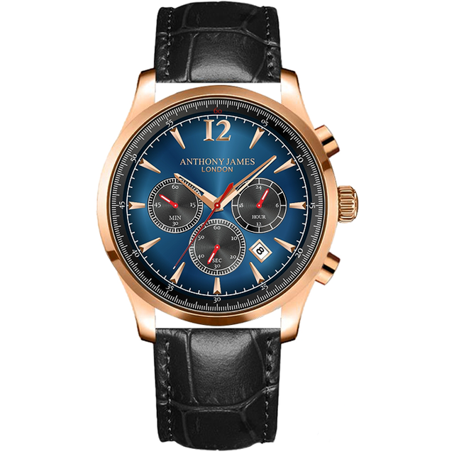 Anthony James Mens Hand Assembled Classic Chronograph Rose Blue Leather - One Size