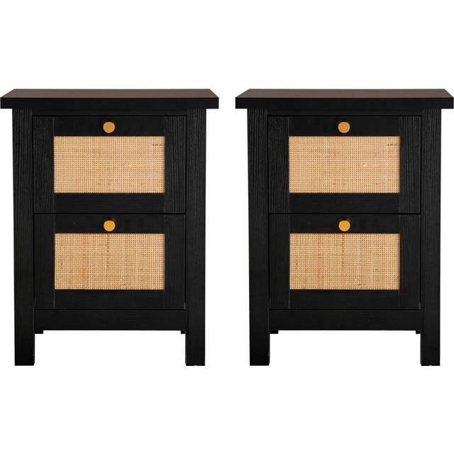 Newquay Black Bedside Table with 2 Drawers and Rattan Front Set of 2, Wooden Storage Unit, Side Table, Lamp Table, Nightstand, Narrow Chest of Drawer