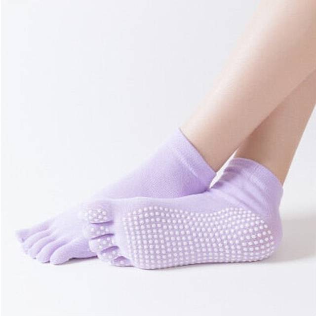 (Purple) Women Anti Slip Elastic Yoga Socks 5 Fingers Toe Ballet Girls Pilates Fitness Gym Sport Colourful