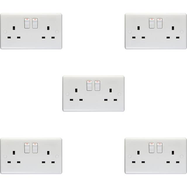 5 PACK 2 Gang Double Pole 13A Switched UK Plug Socket - WHITE Wall Power Outlet